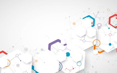 Bilimsel fbstrakt arka plan. Pleksus etkisi olan beyaz altıgenler ve çizgilerle birbirine bağlı daireler. El çizimi vektör.
