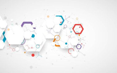 Bilimsel fbstrakt arka plan. Pleksus etkisi olan beyaz altıgenler ve çizgilerle birbirine bağlı daireler. El çizimi vektör.