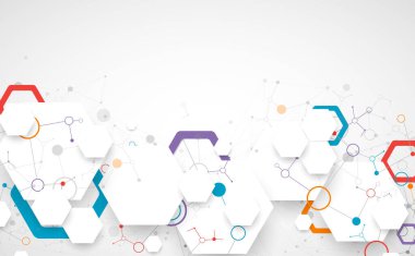 Bilimsel fbstrakt arka plan. Pleksus etkisi olan beyaz altıgenler ve çizgilerle birbirine bağlı daireler. El çizimi vektör.