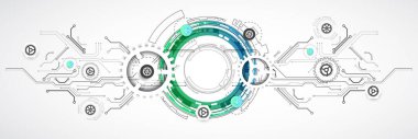 Soyut arkaplan. Daire şeklinde oluşmuş teknik elementlerin kullanımıyla ilgili bilimsel ve teknolojik kavram. Vektör