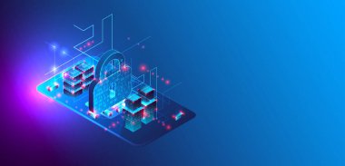 Veri koruması. Bir kilidin ve çeşitli teknolojik elementlerin resimli olduğu akıllı telefonun izole görüntüsü.