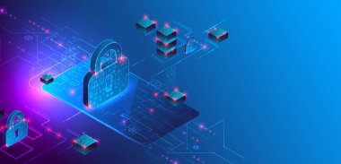 Veri koruması. Bir kilidin ve çeşitli teknolojik elementlerin resimli olduğu akıllı telefonun izole görüntüsü.