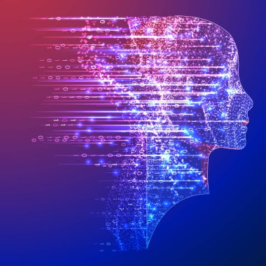 Yapay Zeka. Silüeti olan bir adamın teknik geçmişi. Büyük veri konsepti. Makine siber zihni.