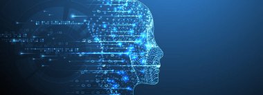 Yapay Zeka. Silüeti olan bir adamın teknik geçmişi. Büyük veri konsepti. Makine siber zihni.