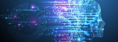 Yapay Zeka. Silüeti olan bir adamın teknik geçmişi. Büyük veri konsepti. Makine siber zihni.