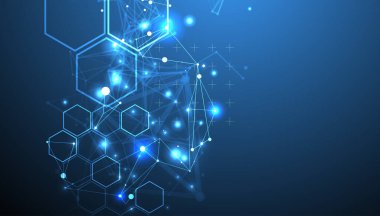 Soyut bilimsel vektör arkaplanı. Bir pleksus etkisi ile farklı şekillerde koyu mavi bir gradyan üzerinde dokuma.