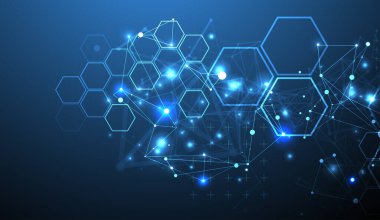 Soyut bilimsel vektör arkaplanı. Bir pleksus etkisi ile farklı şekillerde koyu mavi bir gradyan üzerinde dokuma.