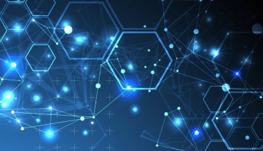 Soyut bilimsel vektör arkaplanı. Bir pleksus etkisi ile farklı şekillerde koyu mavi bir gradyan üzerinde dokuma.