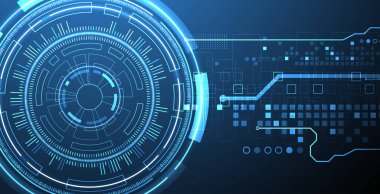 Teknoloji çevrelerinin temasında soyutlama. Bilimsel ve teknolojik geçmiş. Arkaplanda mavi gradyan.