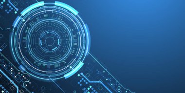 Teknoloji çevrelerinin temasında soyutlama. Bilimsel ve teknolojik geçmiş. Arkaplanda mavi gradyan.