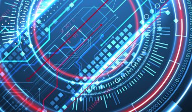 Teknoloji çevrelerinin temasında soyutlama. Bilimsel ve teknolojik geçmiş. Arkaplanda mavi gradyan.