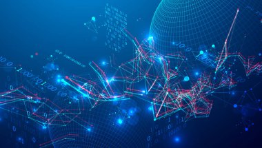 Siber uzay temalı arka planda dijital ağ ve veri akışı. Birbirine bağlı düğümlere sahip gelecekçi dijital ağ, parlayan veri noktaları ve karmaşık bir bilgi ağı oluşturan dinamik çizgiler.