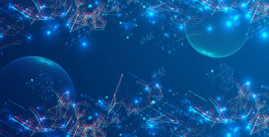 Siber uzay temalı arka planda dijital ağ ve veri akışı. Birbirine bağlı düğümlere sahip gelecekçi dijital ağ, parlayan veri noktaları ve karmaşık bir bilgi ağı oluşturan dinamik çizgiler.