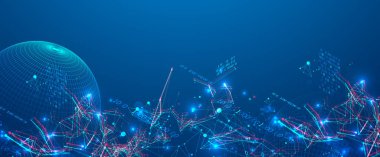 Siber uzay temalı arka planda dijital ağ ve veri akışı. Birbirine bağlı düğümlere sahip gelecekçi dijital ağ, parlayan veri noktaları ve karmaşık bir bilgi ağı oluşturan dinamik çizgiler.