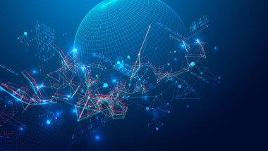 Siber uzay temalı arka planda dijital ağ ve veri akışı. Birbirine bağlı düğümlere sahip gelecekçi dijital ağ, parlayan veri noktaları ve karmaşık bir bilgi ağı oluşturan dinamik çizgiler.