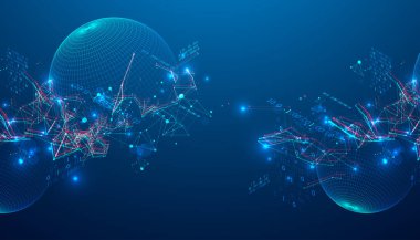 Siber uzay temalı arka planda dijital ağ ve veri akışı. Birbirine bağlı düğümlere sahip gelecekçi dijital ağ, parlayan veri noktaları ve karmaşık bir bilgi ağı oluşturan dinamik çizgiler.