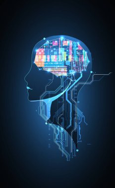 Yapay zeka temasının soyut arka planı. Çevrenin içinde teknolojik elementler olan beyin şekli. Vektör