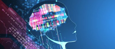 Yapay zeka temasının soyut arka planı. Çevrenin içinde teknolojik elementler olan beyin şekli. Vektör