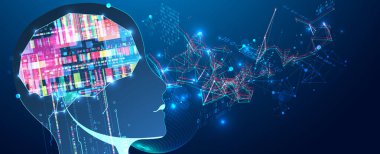 Yapay zeka temasının soyut arka planı. Çevrenin içinde teknolojik elementler olan beyin şekli. Vektör