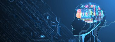 Yapay zeka temasının soyut arka planı. Çevrenin içinde teknolojik elementler olan beyin şekli. Vektör