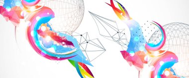 Renkli dalgalarla, çokgen şekillerle ve kablo shphere ile soyut sanat eserleri. Vektör