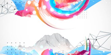 Renkli dalgalarla, çokgen şekillerle ve kablo dağlarıyla soyut sanat eserleri. Vektör