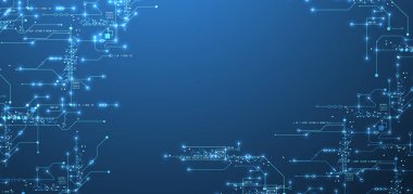 Dijital devre görselleştirme vektör arka planı. Birbirine bağlı çizgiler, düğümler ve ikili kodlu mavi tahta deseni.