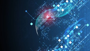 Abstract data background with wireframe wave and circuit lines. Technology concept. Vector