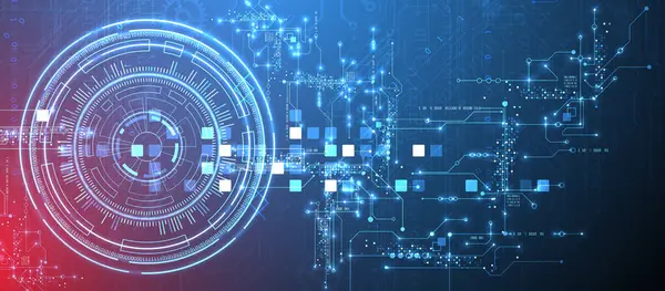 Soyut arkaplan. Daire şeklinde oluşmuş teknik elementlerin kullanımıyla ilgili bilimsel ve teknolojik kavram. Vektör