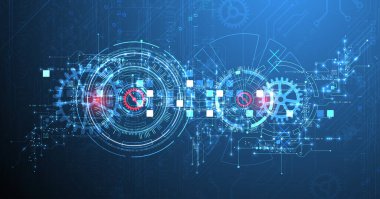 Soyut arkaplan. Daire şeklinde oluşmuş teknik elementlerin kullanımıyla ilgili bilimsel ve teknolojik kavram. Vektör