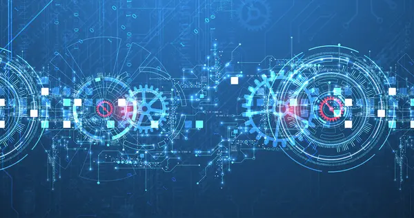 Soyut arkaplan. Daire şeklinde oluşmuş teknik elementlerin kullanımıyla ilgili bilimsel ve teknolojik kavram. Vektör