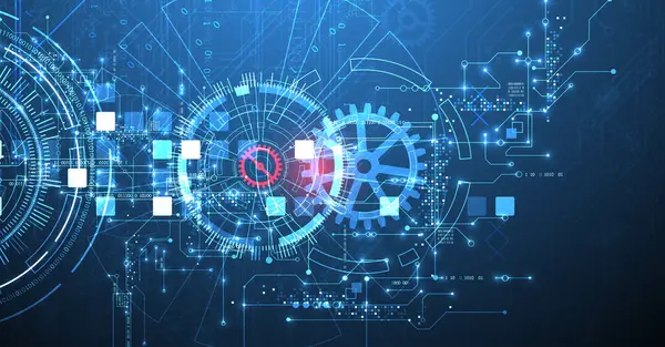 Soyut arkaplan. Daire şeklinde oluşmuş teknik elementlerin kullanımıyla ilgili bilimsel ve teknolojik kavram. Vektör