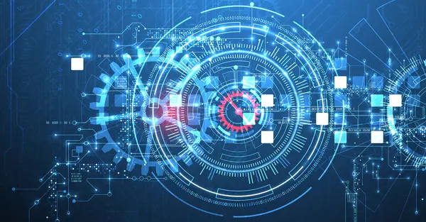 Soyut arkaplan. Daire şeklinde oluşmuş teknik elementlerin kullanımıyla ilgili bilimsel ve teknolojik kavram. Vektör