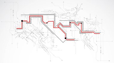Dijital devre görselleştirme vektör arka planı. Birbirine bağlı çizgiler, düğümler. Vektör.