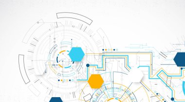 Soyut arkaplan. Daire şeklinde oluşmuş teknik elementlerin kullanımıyla ilgili bilimsel ve teknolojik kavram. Vektör
