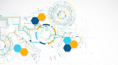 Soyut arkaplan. Daire şeklinde oluşmuş teknik elementlerin kullanımıyla ilgili bilimsel ve teknolojik kavram. Vektör