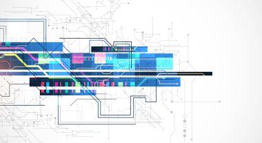 Mavi bir gradyan üzerinde parlayan renkli kareleri olan teknolojik bir arka plan. Vektör.