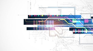 Mavi bir gradyan üzerinde parlayan renkli kareleri olan teknolojik bir arka plan. Vektör.