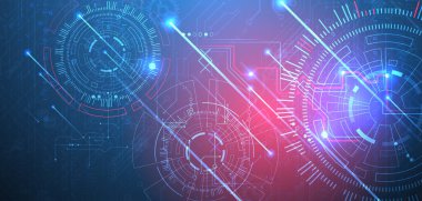 Soyut arkaplan. Çember şeklinde oluşmuş teknik elementlerin kullanımıyla bilimsel ve teknolojik kavram.