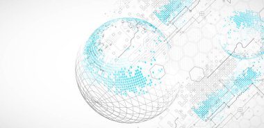 Bilim ve teknoloji arka planında altıgen ve küre şekilleri kullanılıyor. Vektör.