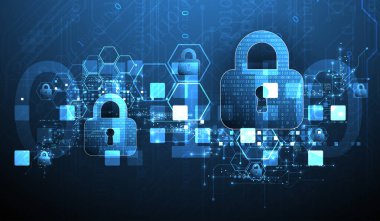 Bilgi koruma konusunun soyut teknolojik geçmişi. İçinde dijital kod olan asma kilit bulunan çeşitli teknolojik elementler..