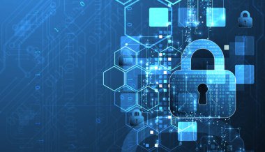 Bilgi koruma konusunun soyut teknolojik geçmişi. İçinde dijital kod olan asma kilit bulunan çeşitli teknolojik elementler..