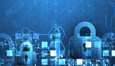 Bilgi koruma konusunun soyut teknolojik geçmişi. İçinde dijital kod olan asma kilit bulunan çeşitli teknolojik elementler..