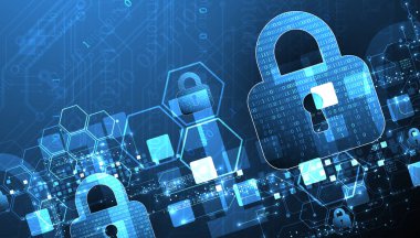 Bilgi koruma konusunun soyut teknolojik geçmişi. İçinde dijital kod olan asma kilit bulunan çeşitli teknolojik elementler..