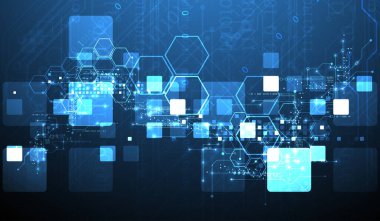 Teknolojik çizgiler, kareler ve altıgenler kullanılarak bir sanat kompozisyonu oluşturulmuş teknik bir arka plan. Vektör