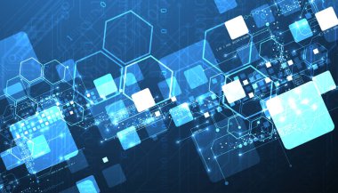 Teknolojik çizgiler, kareler ve altıgenler kullanılarak bir sanat kompozisyonu oluşturulmuş teknik bir arka plan. Vektör