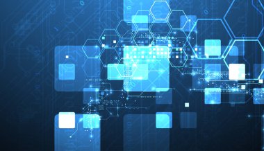 Teknolojik çizgiler, kareler ve altıgenler kullanılarak bir sanat kompozisyonu oluşturulmuş teknik bir arka plan. Vektör