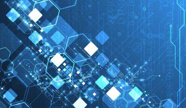 Teknolojik çizgiler, kareler ve altıgenler kullanılarak bir sanat kompozisyonu oluşturulmuş teknik bir arka plan. Vektör