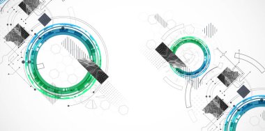 Soyut arkaplan. Daire şeklinde oluşmuş teknik elementlerin kullanımıyla ilgili bilimsel ve teknolojik kavram. Vektör.