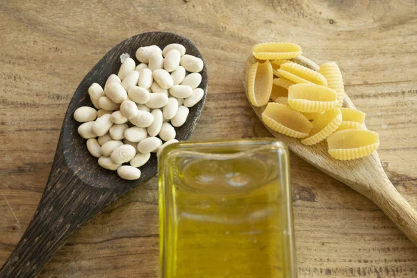 Pasta Beans Ingredients Two Wooden Spoons — Stock Photo, Image